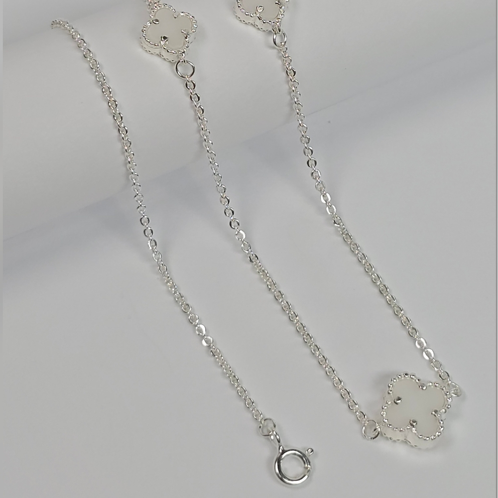 Van Cleef Insp. 5 Clover White Necklace Large Center Flower 925 Silver 50-55cm